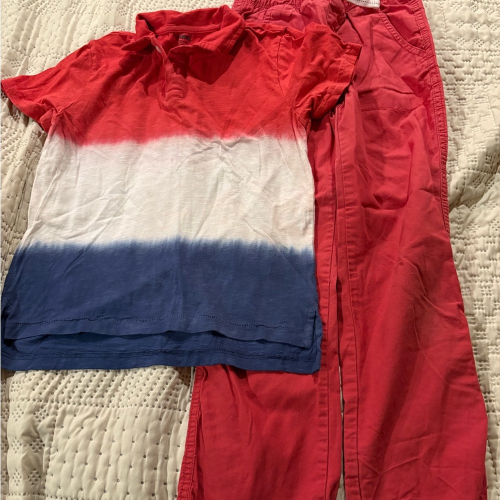 Gymboree Red Whit Blue Polo with Place Vibrant Coral Elastic Pants